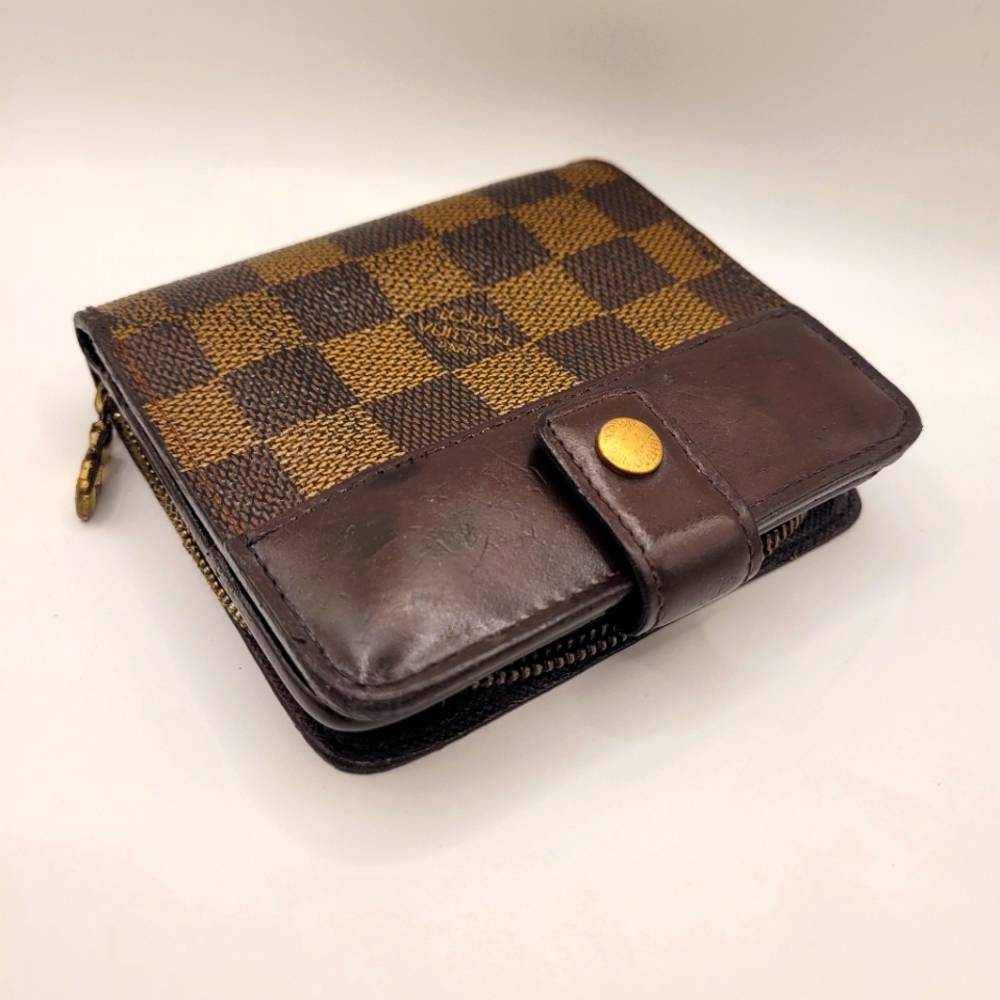 LOUIS VUITTON Folded Compact Zip Damier Ebene Brown PVC Wallet